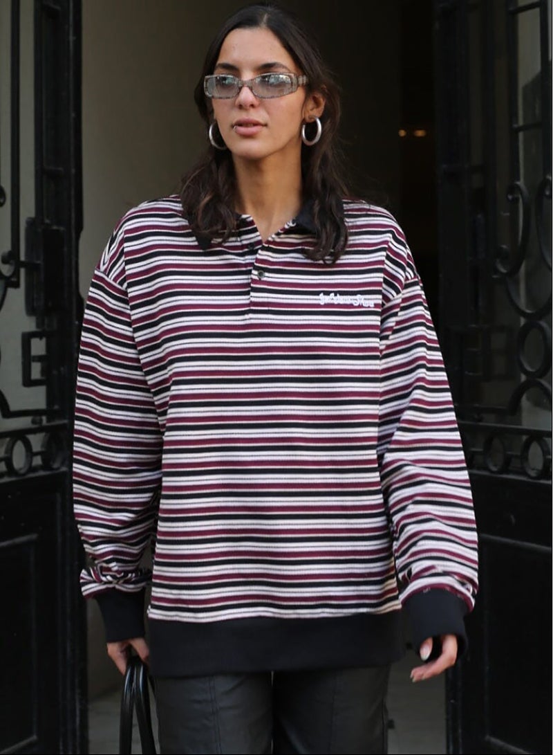 In Your Shoe Retro Berry Striped Boxy Rugby Polo - Image 1